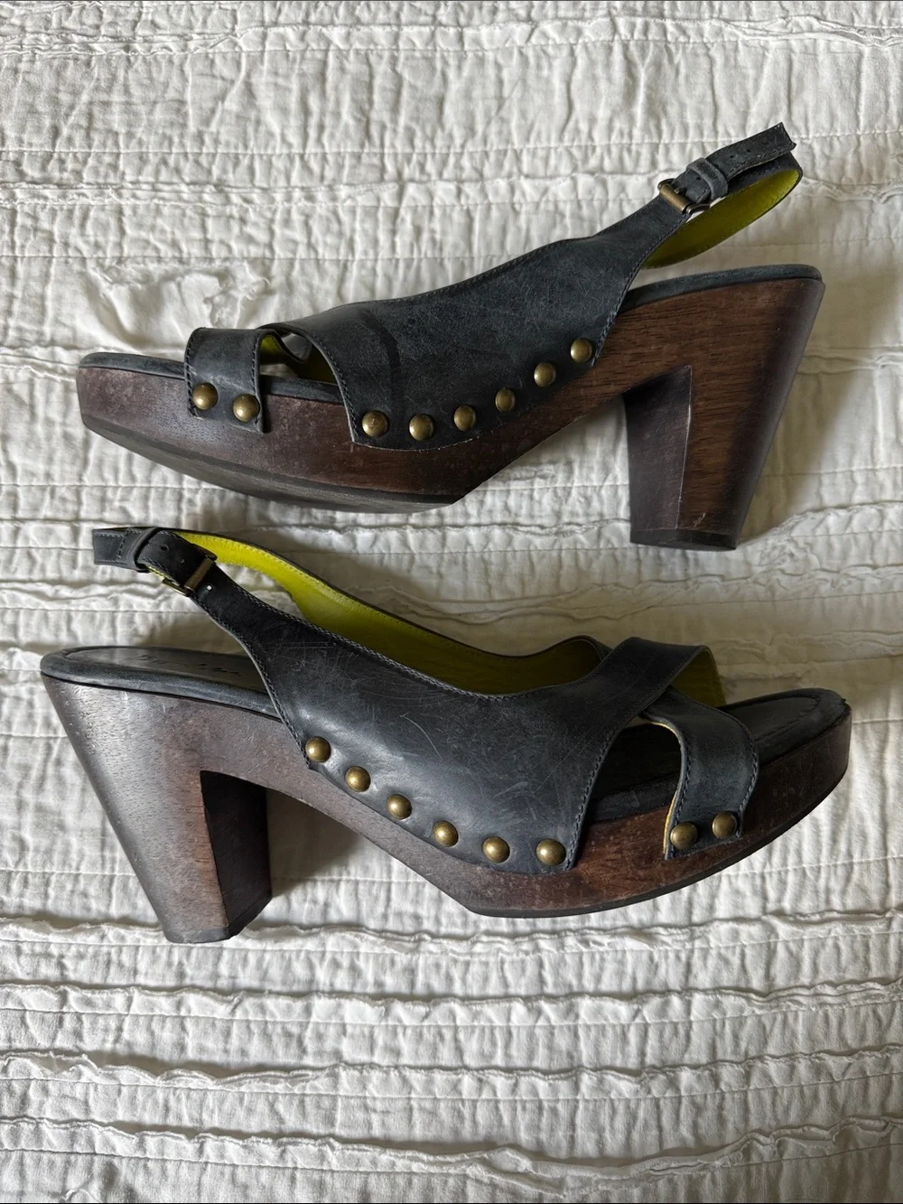Boden Black Leather Studded Slingback Heels with Yellow Lining